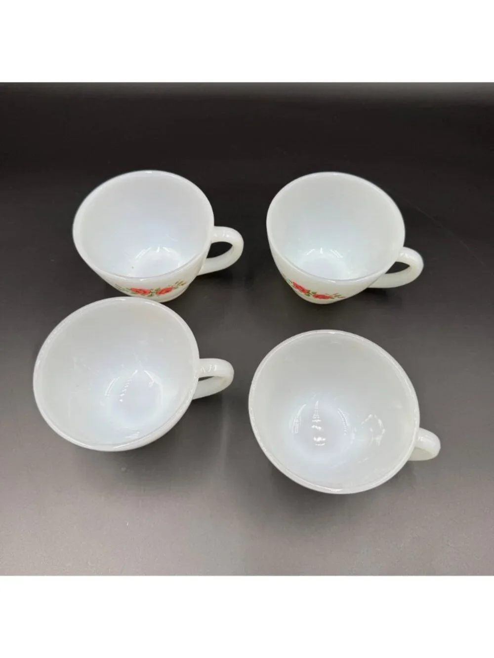 Anchor Hocking Fire-King Milk Glass Teacups W/ Red Rose Pattern Set Of 4 Vintage